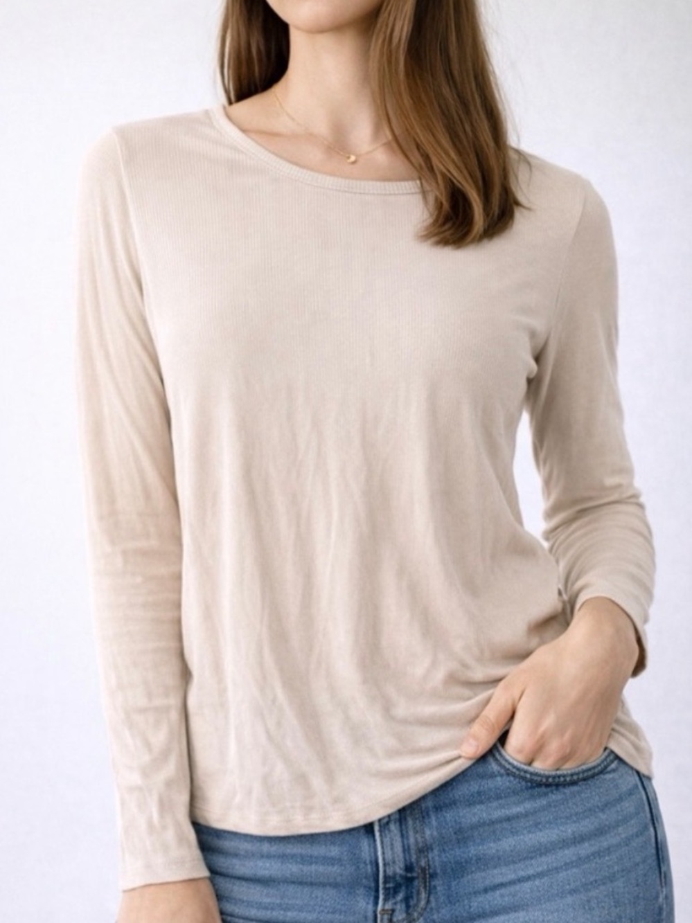 September Ribbed Long Sleeve Top – Size XL | Beige Minimalist Basic